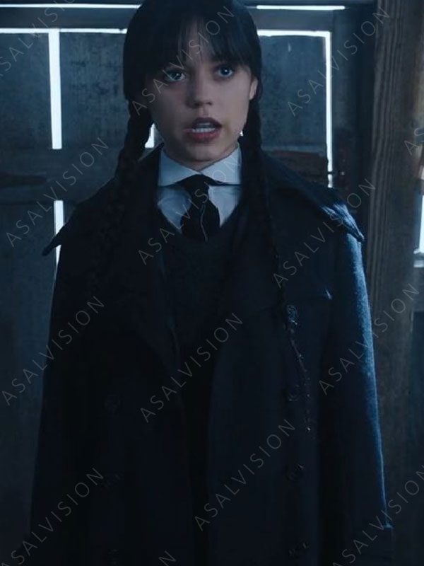 Addams TV Series Wednesday Black Trench Wool Coat