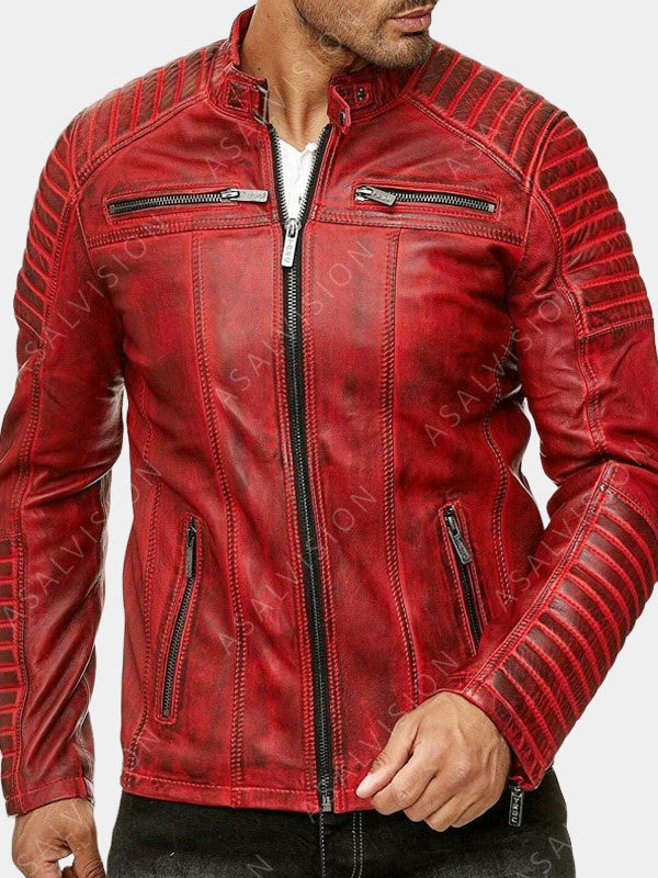 Mens Cafe Racer Biker Vintage Red Leather Jacket
