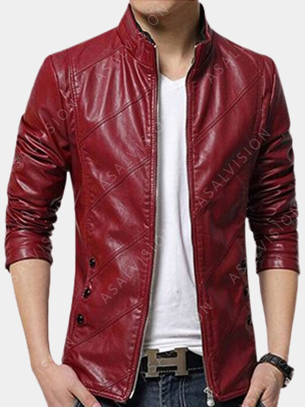 Mens Casual Style Red Fitted Leather Jacket