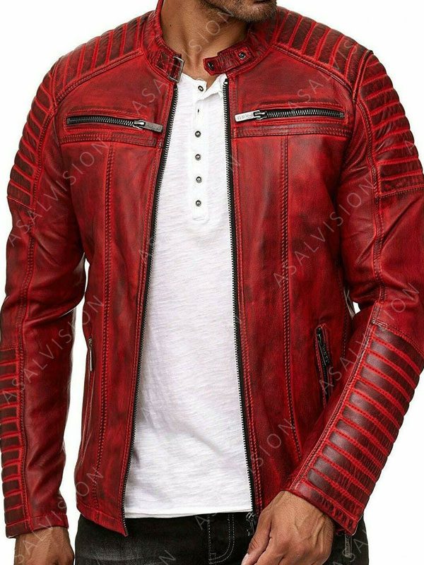Mens Distressed Red Motorcycle Cafe Racer Vintage Red Biker Leather Jacket