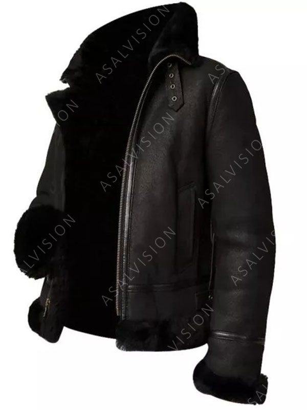 Black Hooded Shearling Leather Jacket
