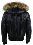 Black Padded-Tan Real Fur Hood Bomber Leather Jacket