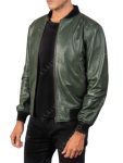 Mens Army Green Leather Bomber Jacket 