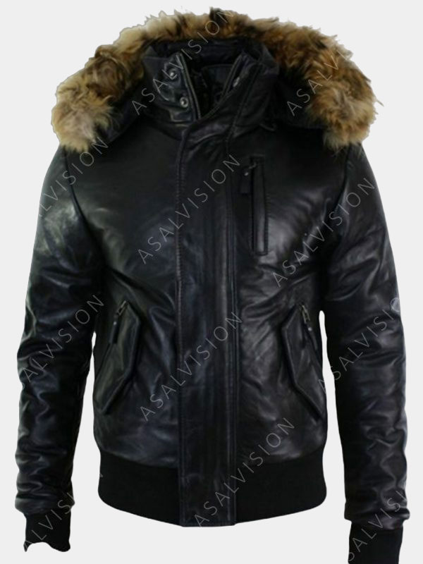 Mens Black Leather Fur Hooded Jacket