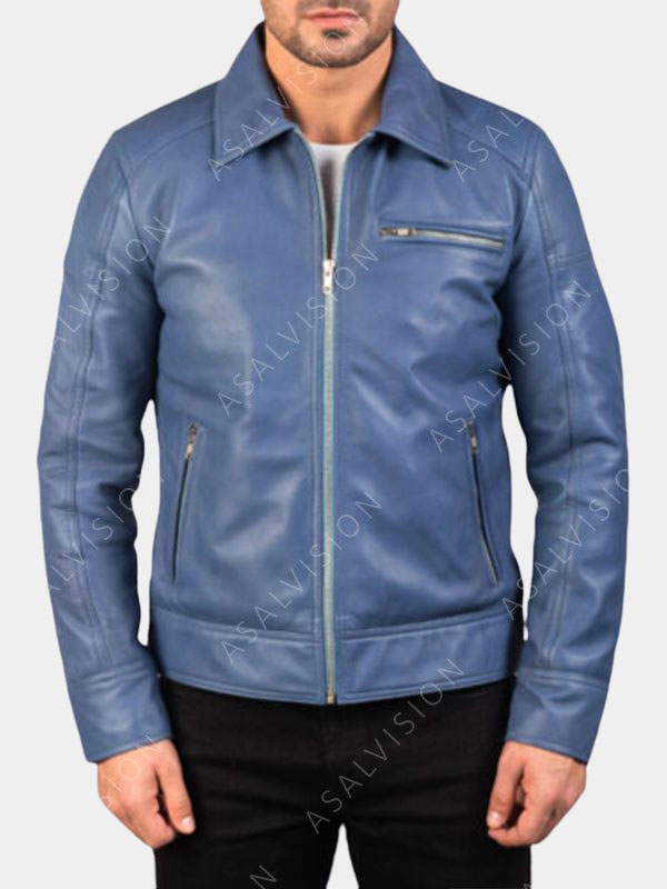 Mens Blue Cafe Racer Biker Leather Jacket
