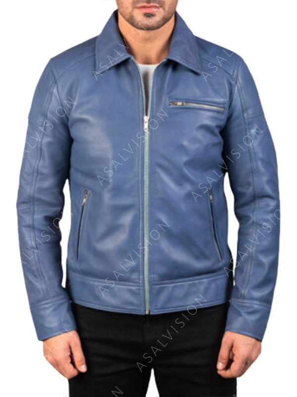 Mens Blue Cafe Racer Biker Leather Jacket