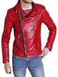 Mens Padded Red Biker Leather Jacket