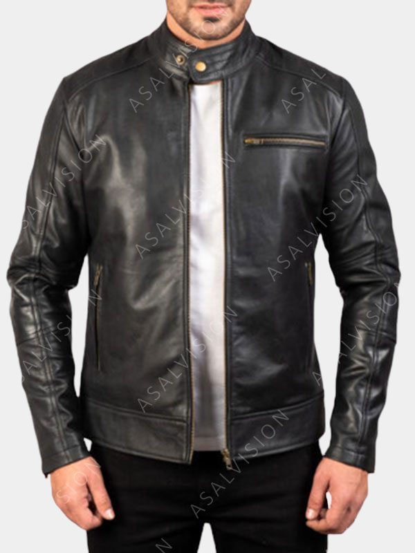 Mens Simple Black Motorcycle Leather Jacket