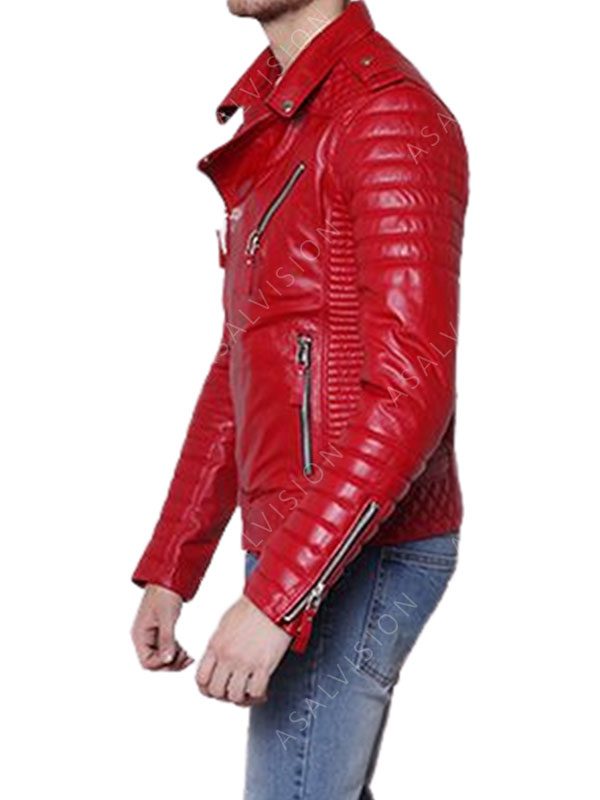 Padded Red Motorcycle Leather Jacket For Mens