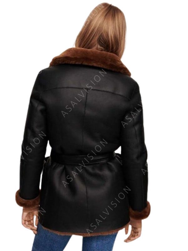 Womens Esta Black Shearling Leather Coat Jacket