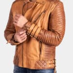Adrian Quilted Tan Brown Biker Leather Jacket Mens