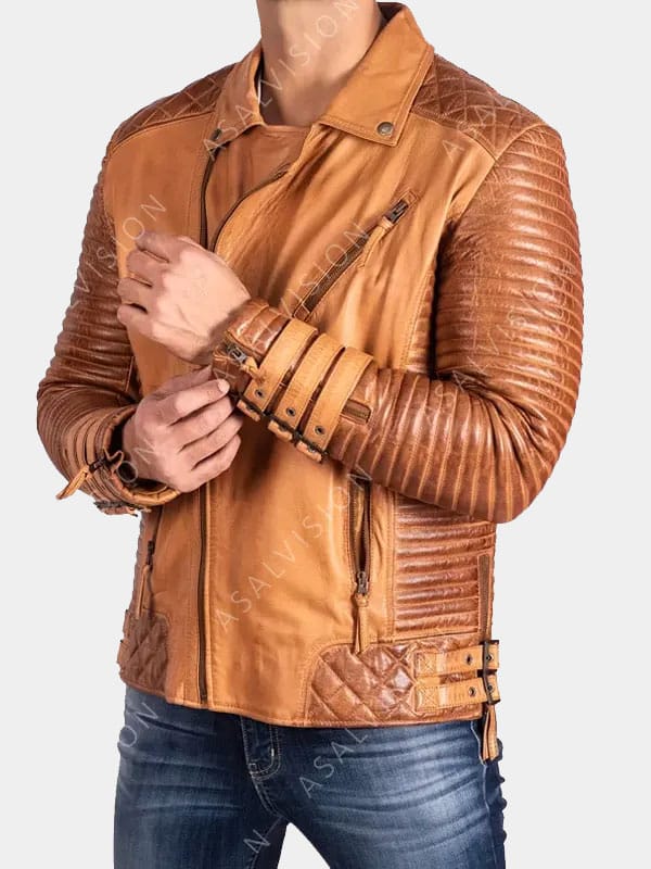Adrian Quilted Tan Brown Biker Leather Jacket Mens