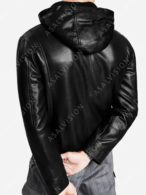 Connor Hooded Bomber Biker Cafe Racer Motorcycle Leather Black Fashion Jacket