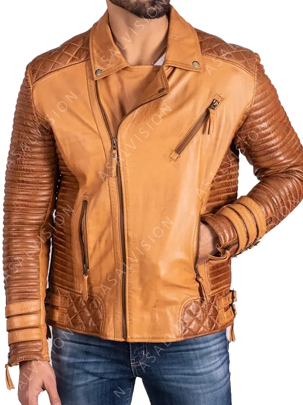 Mens Adrian Quilted And Padded Tan Biker Motorcycle Leather Fashion Jacket 