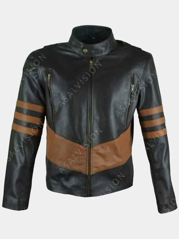Mens Andreas Brown Stripes Black Biker Leather Jacket
