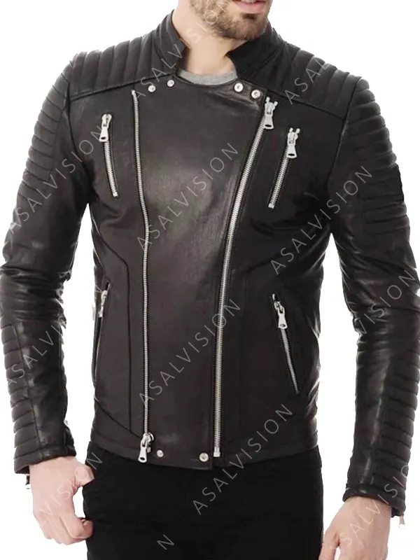 Quilted Black Biker Motorcycle Leather Zipper Cafe Racer Jacket