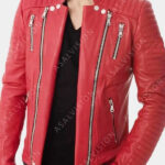Red Quilted Biker Style Zipper Leather Jacket Mens