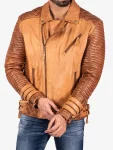 Tan Brown Biker Motorcycle Leather Fashion Jacket 