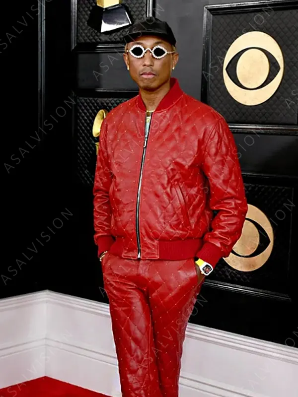 Awards 2023 Pharell Williams Red Bomber Quilted Leather Jacket