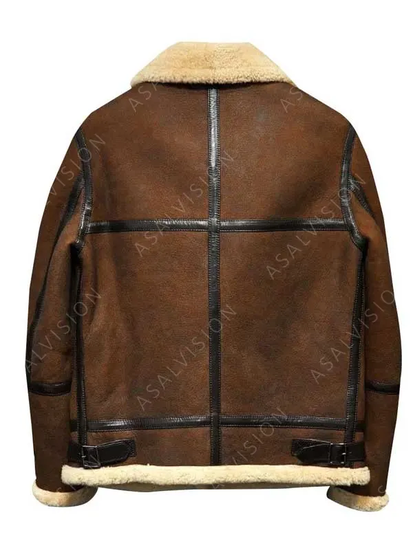 B3 Fur Shearling Brown Sheepskin Leather Aviator Jacket For Mens