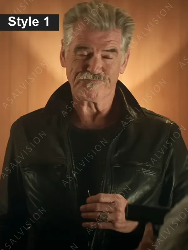 Billy McDermott Movie The Out-Laws 2023 Pierce Brosnan Black Leather Jacket