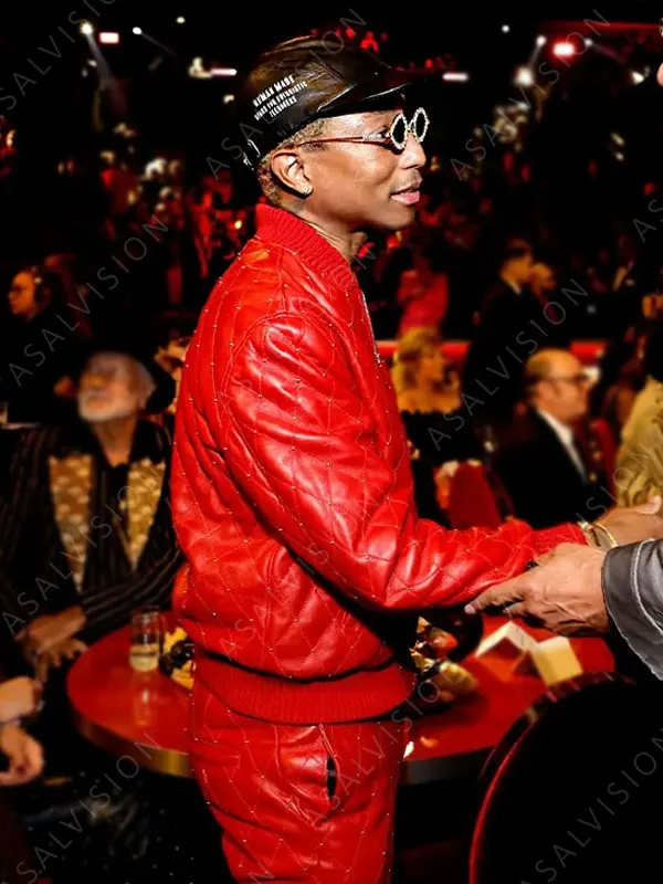 Grammys Awards 2023 Pharell Williams Red Bomber Quilted Leather Jacket