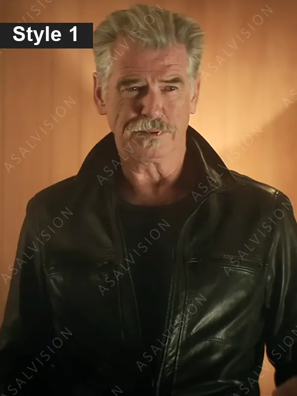 Movie The Out-Laws 2023 Pierce Brosnan Black Leather Jacket
