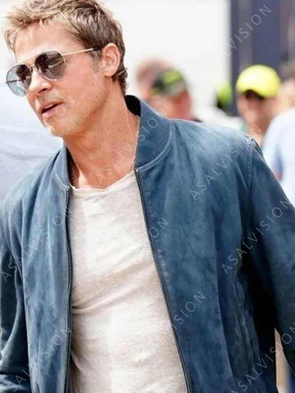 Brad Pitt Lewis Hamilton's F1 Movie films Silverstone Blue Jacket