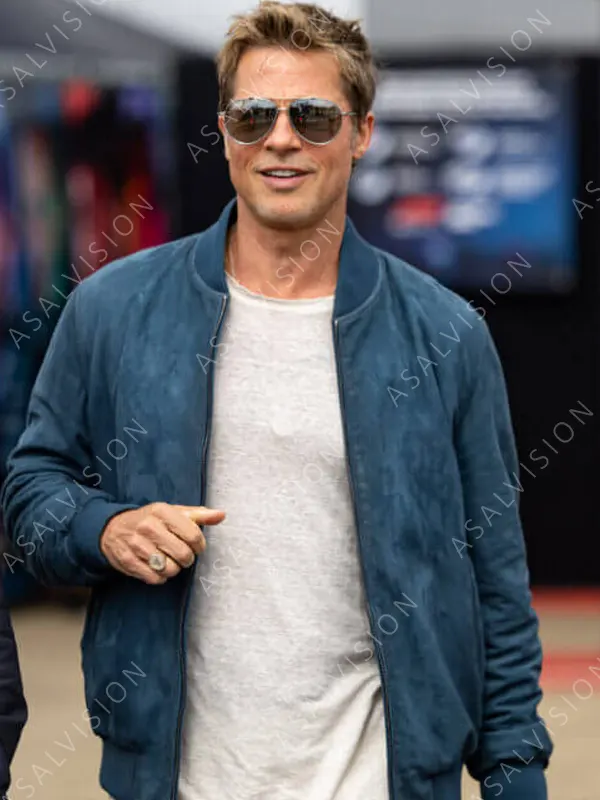 Brad Pitt Lewis Hamilton's F1 Movie films Silverstone Blue Suede Jacket