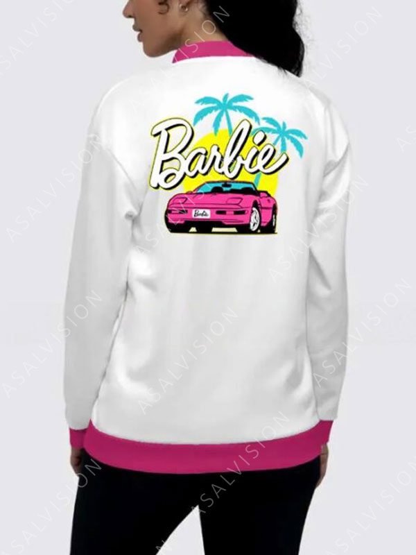 Barbie 2023 White And Pink Racing Bomber Jacket