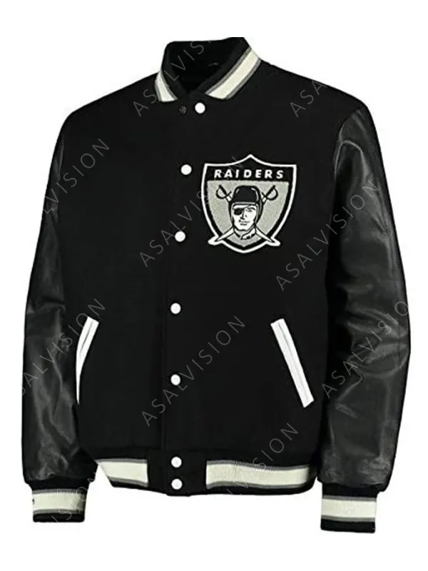 Mens Oakland Raiders Leather Sleeves Black Varsity Letterman Jacket