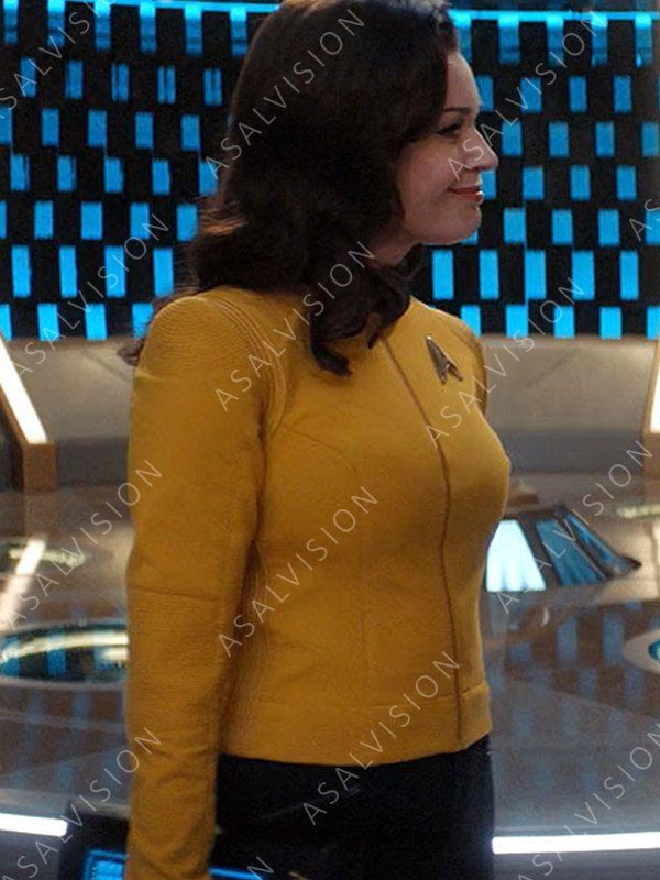 Rebecca Romijn Star Trek Discovery Number One Yellow Leather Jacket