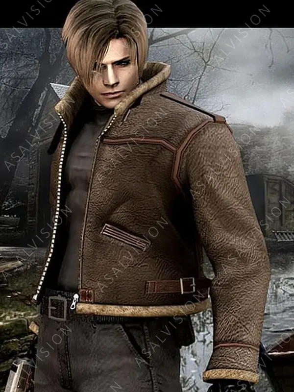 Resident Evil 4 Leon Kennedy Brown Shearling Leather Jacket
