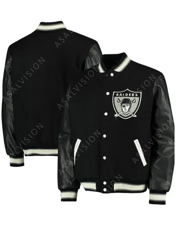Vintage Mens Oakland Raiders Leather Sleeves Black Varsity Letterman Jacket
