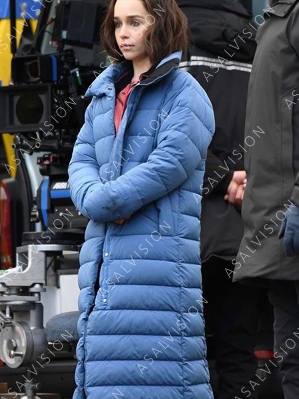 Emilia Clarke Secret Invasion 2023 Blue Puffer Coat