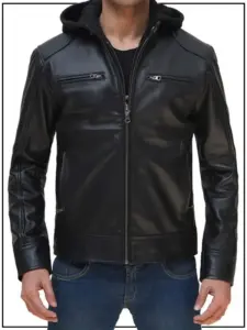 Mens Hot Black Leather Jacket With Hood