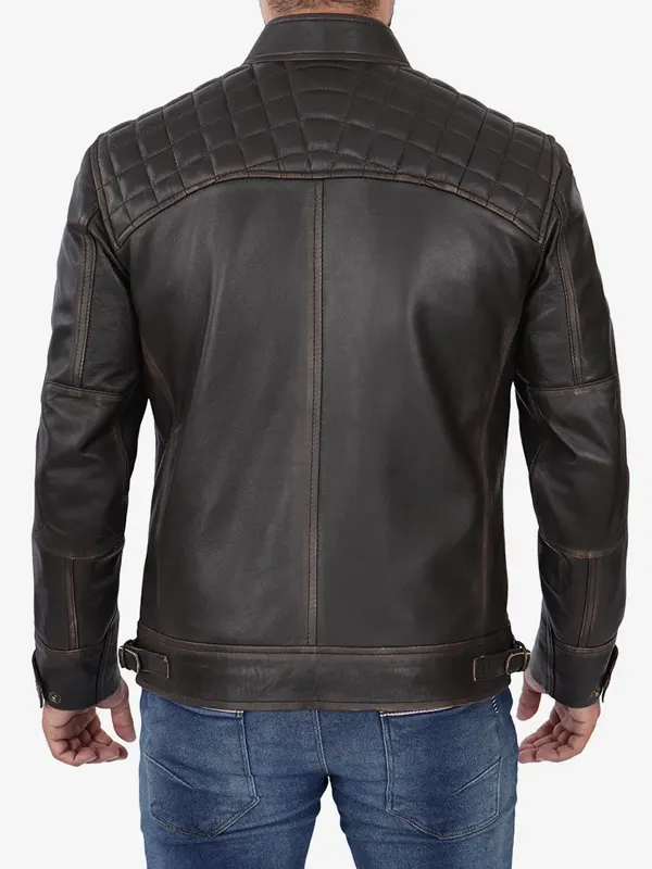 Dark Brown Mens Quilted Shoulders Biker Leather Jacket