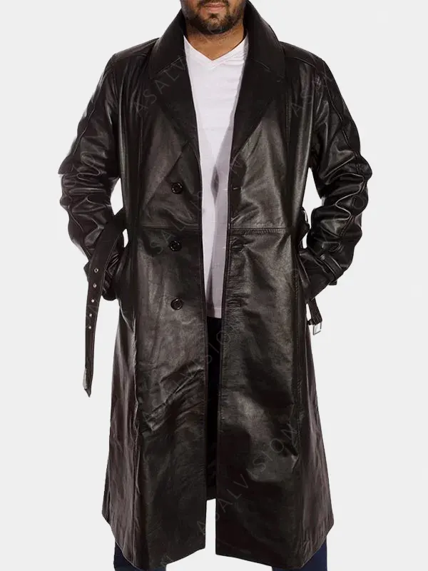 Dennis Black Leather Trench Coat
