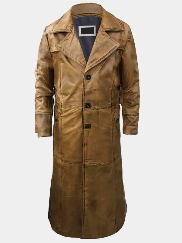 Distressed Trench Leather Brown Coat For Men's