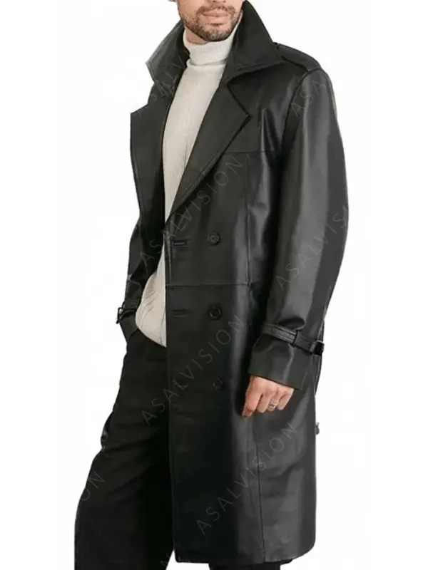 Men's Double Breasted Black Genuine Leather Trench Belted Coat