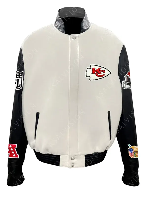 Front view of the Kansas City Chiefs Taylor Swift Varsity Jacket in black and white with team logo.