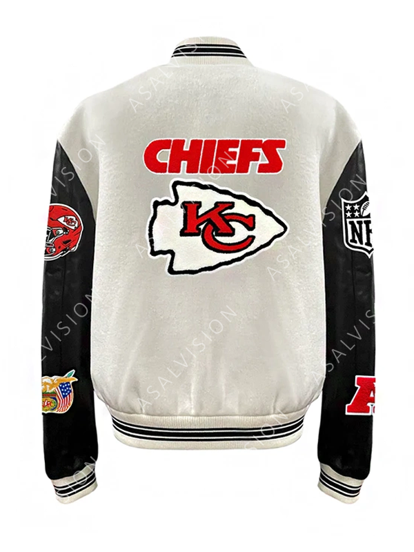 Back view of the jacket featuring the bold lettering Taylor Swift and Chiefs in team colors.