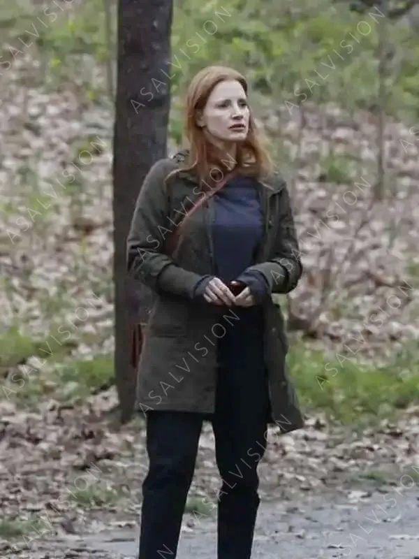 Memory 2024 Jessica Chastain Olive Green Cotton Coat With Hood
