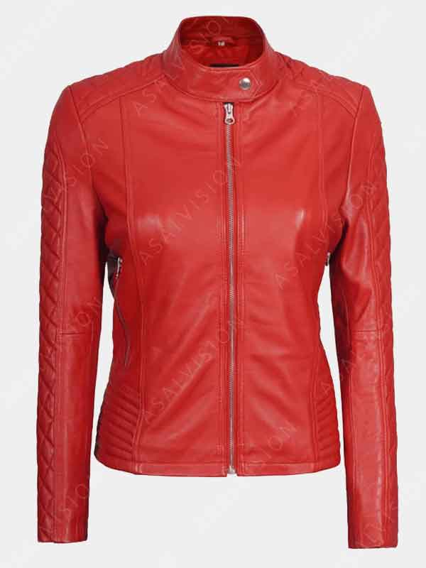 Aubrey Quilted Sleeves Red Cafe Racer Leather Jacket