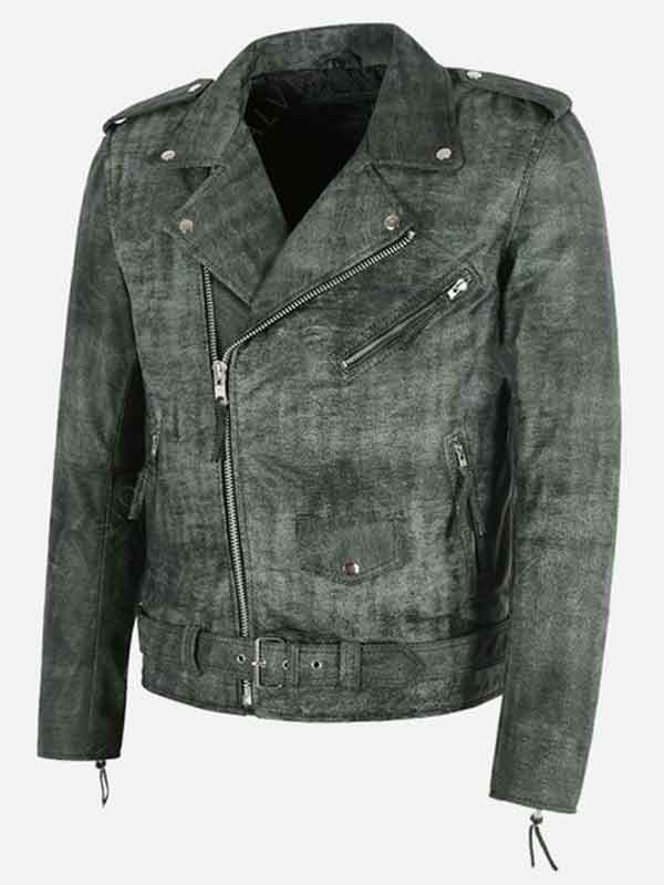 Grey Vintage Distressed Biker Genuine Leather Jacket