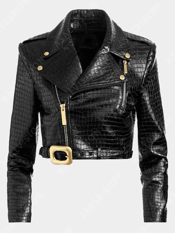 Max Mitchell TV Series Wild Cards 2024 Vanessa Morgan Black Croc Biker Leather Jacket