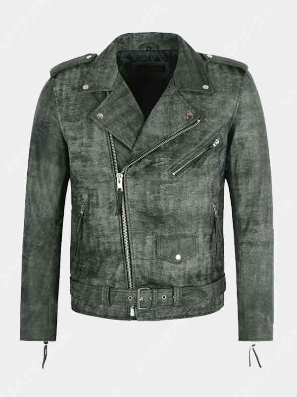 Mens Grey Vintage Distressed Biker Genuine Jacket