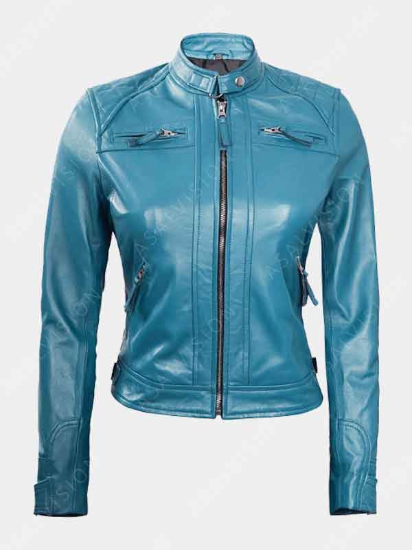 Natalie Blue Slimfit Cafe Racer Leather Jacket