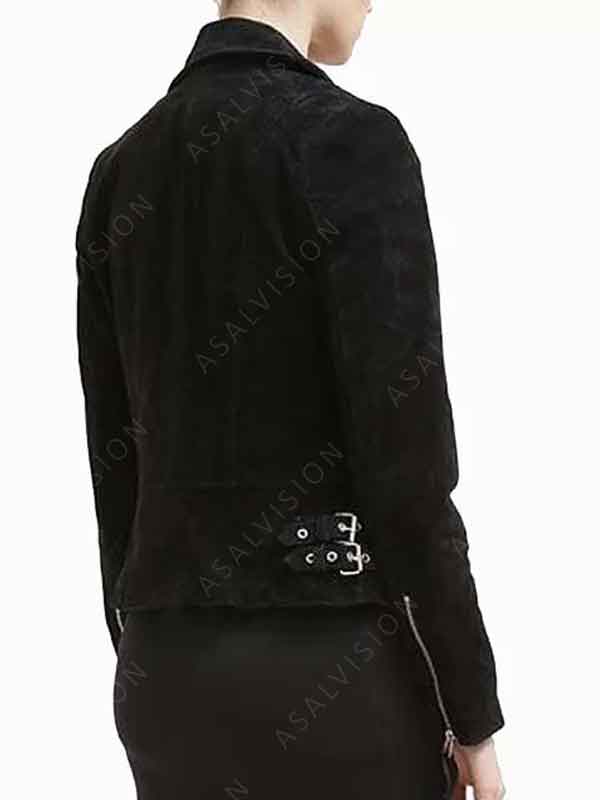Black Suede Leather Biker Jacket For Women's