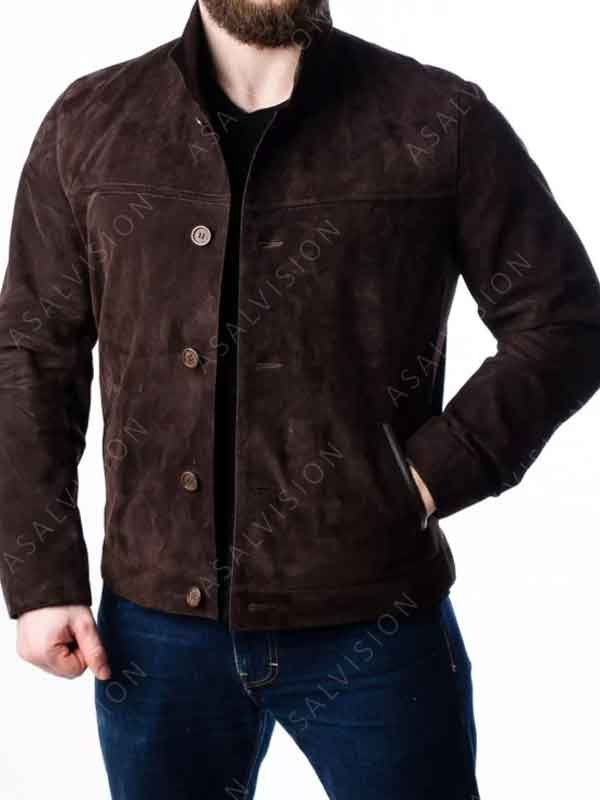 Buttoned Up Dark Brown Suede Leather Jacket For Mens